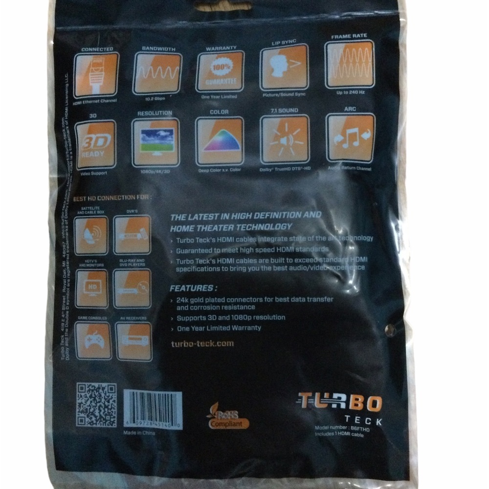 TURBO TECK HDMI Cable 1080P High Speed 3D 4K 60Hz UHD Gold Plated New - Picture 5 of 5